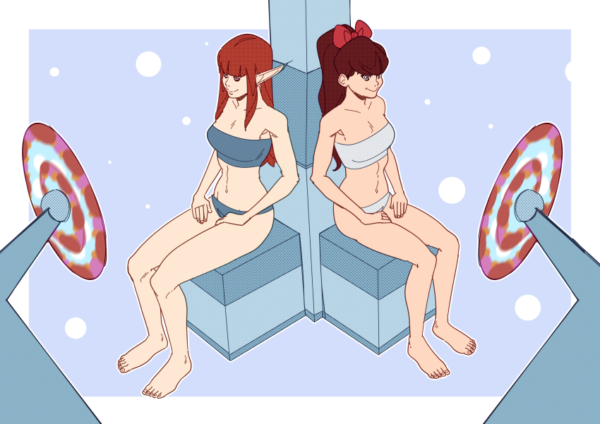 bikini crossover efalabrino eiselin_burchelli_meijal_hulkenberg elf_ears happy_trance hypnotic_disc long_hair metaphor:refantazio our_man_flint persona_(series) persona_5 persona_5_royal ponytail red_hair ribbon sitting spiralwash_eyes sumire_yoshizawa
