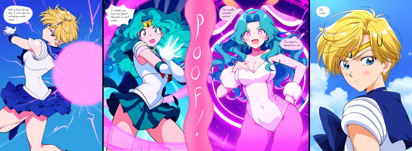 accidental_hypnosis ai_art bunny_ears bunny_girl bunnysuit comic corruption cx9000_(generator) drool femsub glowing_eyes humor leotard pink_eyes sailor_moon_(series) sailor_neptune sailor_uranus text transformation