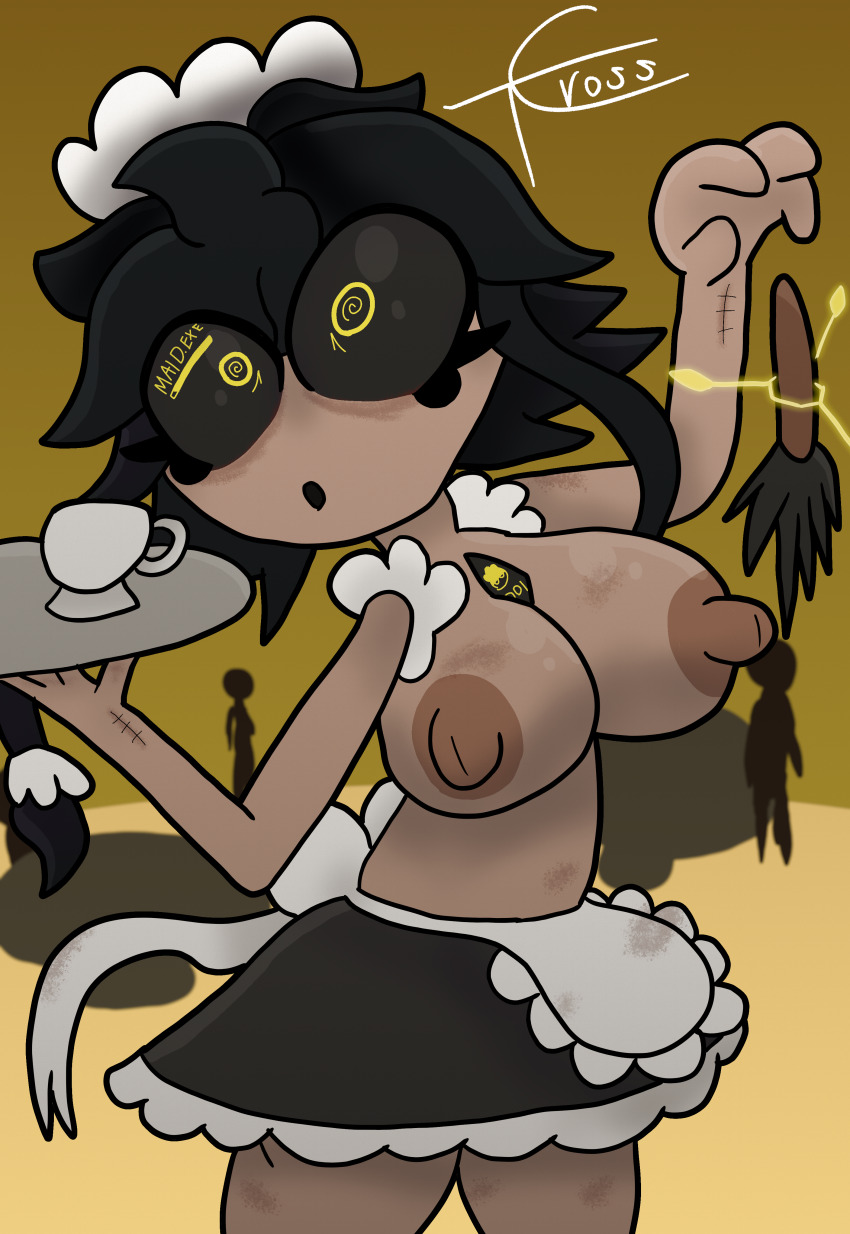 black_hair breasts cyn_(murder_drones) femsub maid maid_headdress murder_drones nipples robot robot_girl spiral_eyes symbol_in_eyes tcross topless