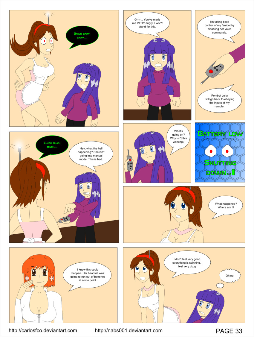 april_o&#039;neil brown_hair carlosfco chicken_pose comic dialogue fembot femdom femsub julia_(carlosfco) kigi_(carlosfco) large_breasts long_hair maid nabs001_(colorist) orange_hair original purple_hair short_hair tech_control teenage_mutant_ninja_turtles text trance_break