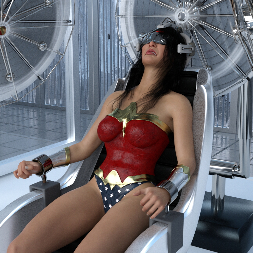 3d bare_shoulders black_hair bracers chair corruption cuffs dc_comics female_only femsub leotard mndlessentertainment resisting restrained sitting solo tech_control visor wires wonder_woman