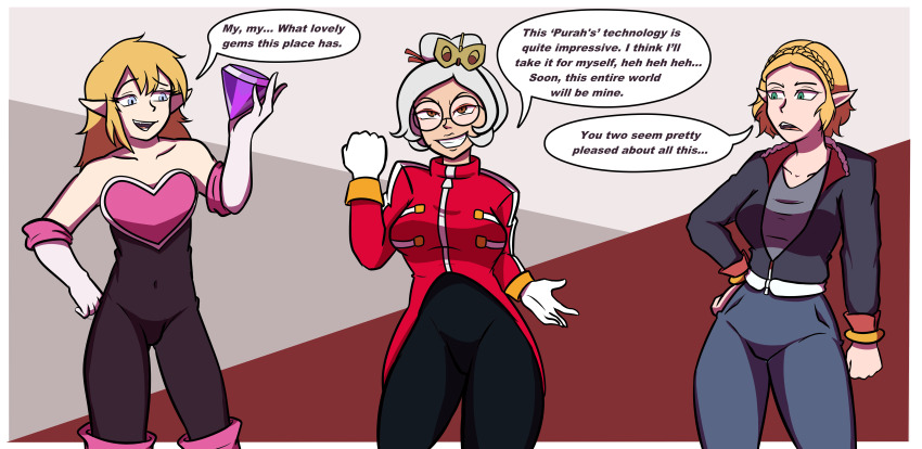 alternate_costume alyssa-the-artista bare_shoulders blonde_hair blue_eyes breath_of_the_wild brown_eyes corruption crossdressing dialogue dr_eggman elf_ears english_text evil_smile femdom femsub glasses gloves hand_on_hip link maledom malesub multiple_doms multiple_girls multiple_possessors multiple_subs nintendo possession princess princess_zelda purah rouge_the_bat shadow_the_hedgehog short_hair smile sonic_the_hedgehog_(series) speech_bubble tears_of_the_kingdom text the_legend_of_zelda tight_clothing white_hair