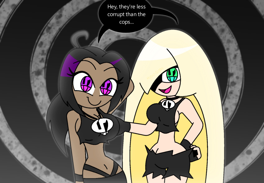 ahoge altered_common_sense alternate_color_scheme alternate_costume alternate_hair_color arms_above_head bare_shoulders black_hair blonde_hair bracelet breast_grab choker corruption crop_top dark_skin delia_ketchum dialogue enemy_conversion english_text eyebrows_visible_through_hair female_only fingerless_gloves green_eyes grey_background hair_covering_one_eye hand_on_hip hypnoscream long_hair lusamine milf navel necklace nintendo open_mouth pink_eyes pokemon pokemon_(anime) pokemon_sun_and_moon politics ponytail ring_background shiny_skin short_shorts sideboob smile speech_bubble symbol_in_eyes team_skull text very_long_hair