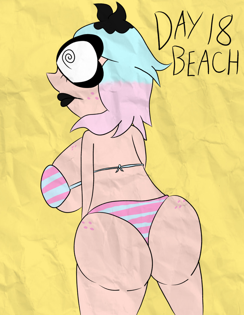 absurdres alternate_costume ass bare_shoulders beach bikini bikini_bottom bikini_top black_lipstick blue_hair breasts emberlynn_pinkle english_text expressionless female_only femsub freckles from_behind helluva_boss hypnovember large_ass large_breasts lipstick makeup multicolored_hair pink_hair simple_background solo spiral spiral_eyes swimsuit tcross text thighs