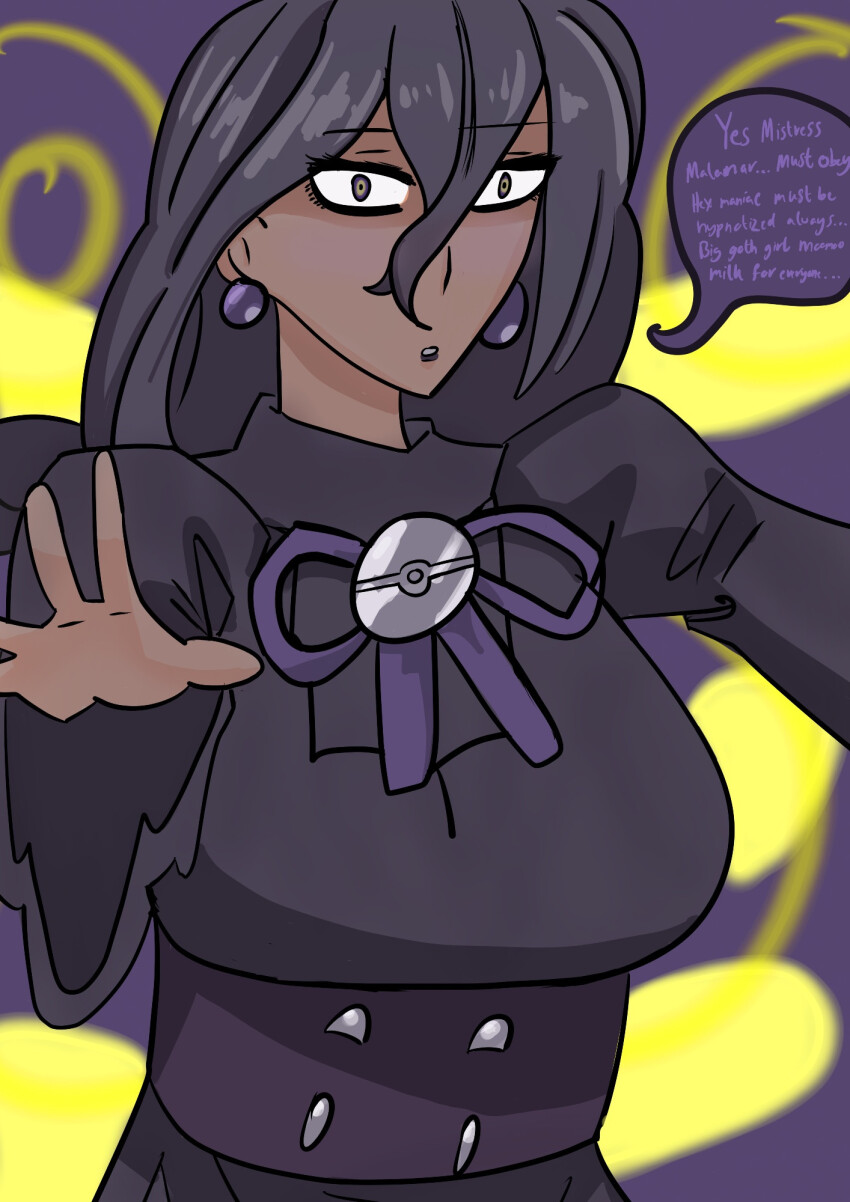 black_hair clothed dress expressionless female_only femsub glowing_eyes goth hex_maniac hypnotic_light mantra nintendo pokemon pokemon_legends_z-a purple_eyes purple_lipstick shrunken_irises shysketches spiral text zombie_walk