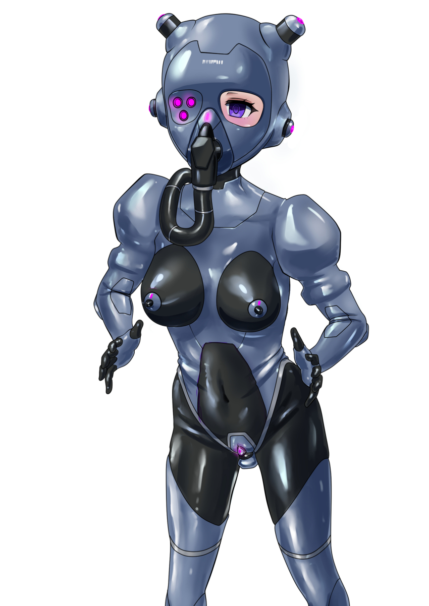 absurdres barcode blush breasts cameltoe drone empty_eyes expressionless femsub gloves latex mask original oxygen_mask purple_eyes rubber simple_background solo standing tech_control thighhighs tight_clothing tsumadzu vibrator white_background