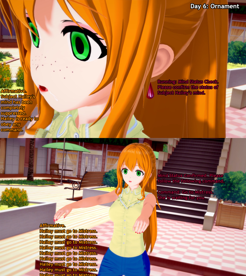 3d dialogue drool earrings empty_eyes english_text expressionless eyeshadow freckles green_eyes hailey_(liz_b) hypnotic_accessory koikatsu! lipstick liz_b mantra orange_hair original ponytail text zombie_walk