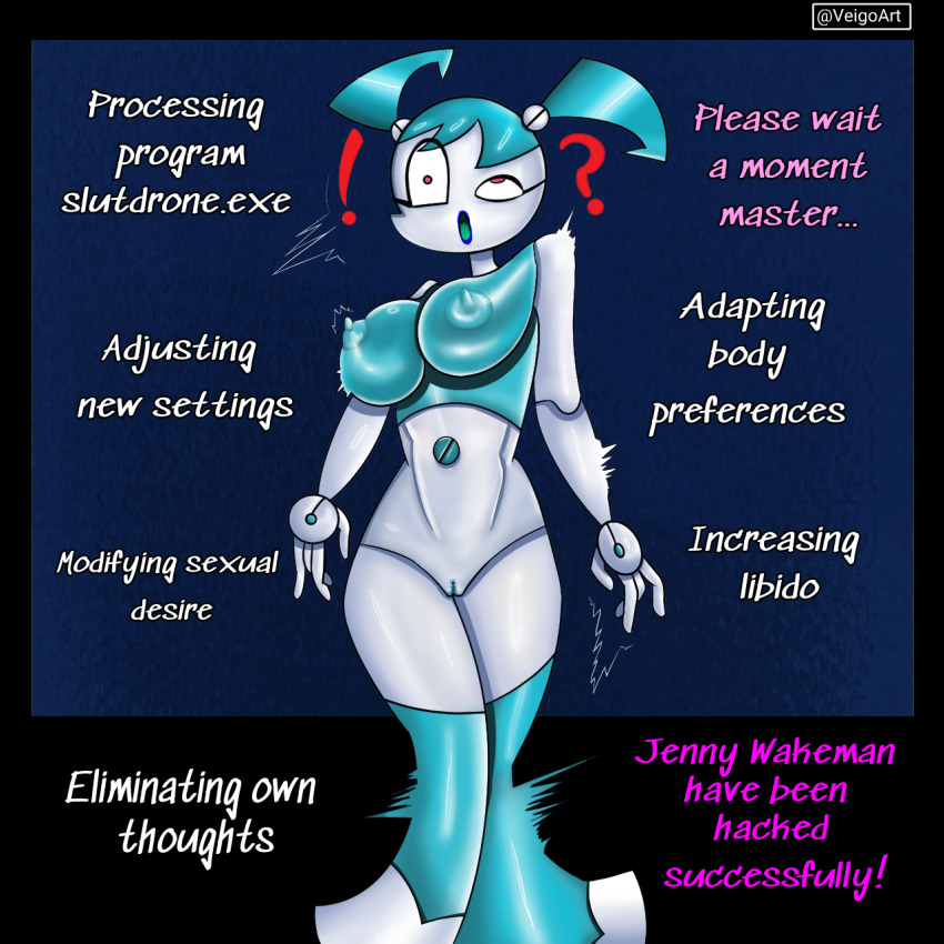 blue_background breasts english_text femsub hacking jenny_wakeman my_life_as_a_teenage_robot nickelodeon open_mouth robot robot_girl text veigoarts