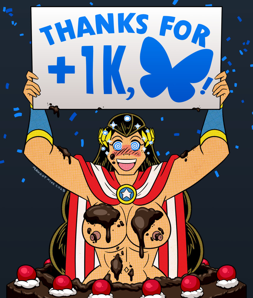 bare_breasts blush brown_hair cake cape columbia_(maggotmike) erect_nipples female_only femsub gradient_background happy_trance light_skin maggotmike milestone_celebration muscle_girl original pov_dom sign signature smile spiralwash_eyes text