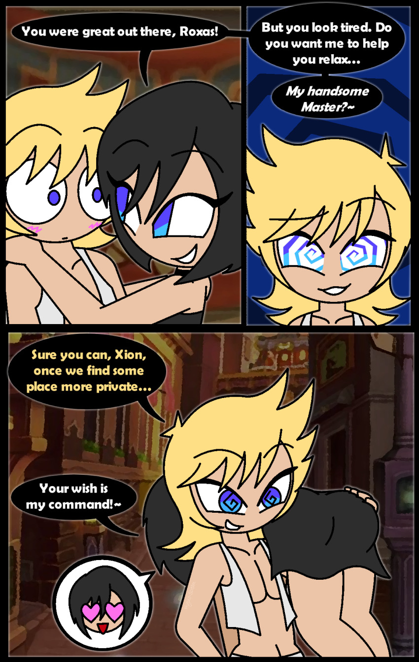 aged_up ahoge assertive_sub aura bare_shoulders black_hair blonde_hair blue_eyes blush carrying chibi choker collarbone comic consensual disney english_text eyebrows_visible_through_hair eyelashes femdom happy_trance heart_eyes hypnoscream hypnotized_dom kingdom_hearts large_ass love malesub navel open_clothes open_mouth roxas short_hair skirt smile speech_bubble spiral_eyes spiralwash_eyes square_enix submissive_hypnotist thighs trigger tube_top vest xion_(kingdom_hearts)