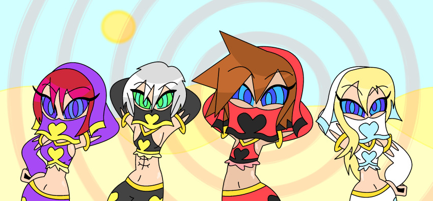 abs aged_up arm_warmers arms_above_head bare_shoulders blonde_hair blue_eyes breath_of_the_wild brown_hair crop_top crossdressing dancer dancing disney eyebrows_visible_through_hair eyelashes femsub gerudo green_eyes happy_trance harem harem_outfit heart hypnoscream kairi kingdom_hearts long_hair looking_at_viewer malesub midriff multiple_boys multiple_girls multiple_subs namine navel nintendo pov_dom red_hair riku ring_background ring_eyes shiny_skin short_hair silver_hair sora the_legend_of_zelda veil wide_hips