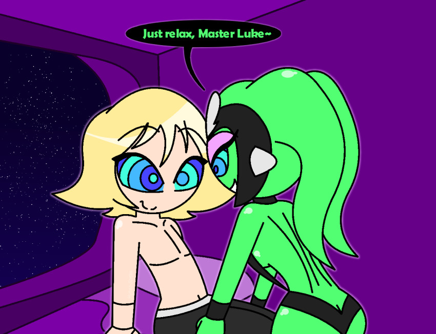 ass bare_shoulders blonde_hair blue_eyes bracelet choker collarbone consensual disney eyebrows_visible_through_hair femdom happy_trance headdress hypnoscream hypnotic_eyes large_ass large_breasts love luke_skywalker malesub navel oola prosthetic_limb purple_background ring_eyes shiny_hair shiny_skin short_hair sideboob smile speech_bubble star_wars text topless twi'lek