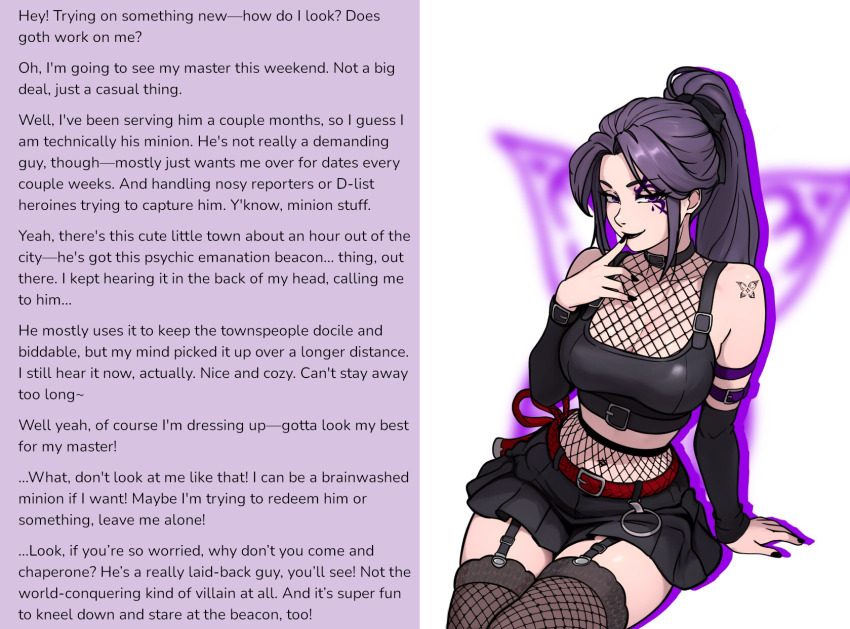 altered_common_sense alternate_costume alternate_hairstyle arm_warmers aware black_lipstick black_nail_polish caption caption_only cleavage clothed collar crop_top enemy_conversion female_only femsub finger_to_mouth fishnets garter_straps goth happy_trance large_breasts lipstick looking_at_viewer makeup maledom marvel_rivals mole monsieurchuchote_(writer) nail_polish navel ponytail psychic psylocke purple_eyes purple_hair redpostit simple_background sitting skirt smile solo tank_top tattoo text thighhighs white_background