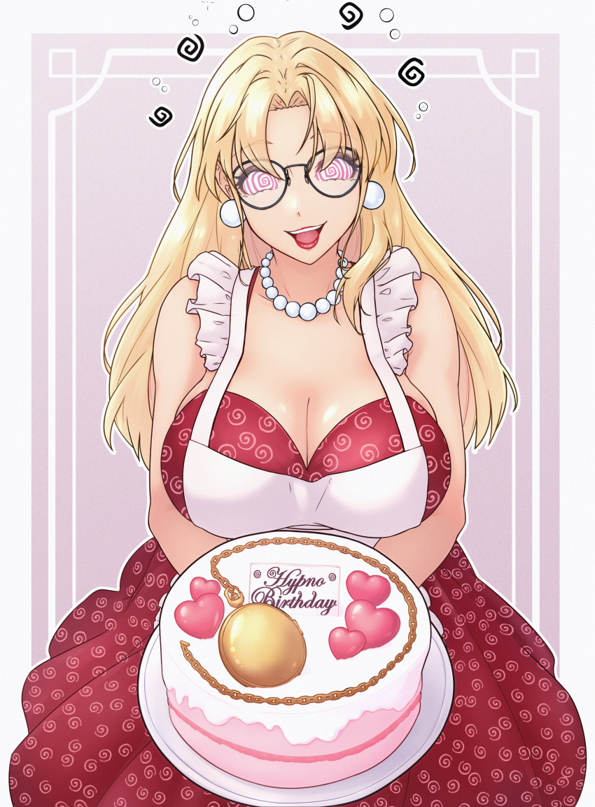 absurdres apron aurora_(jabberwocky) birthday blonde_hair bubble cake cleavage collarbone dress earrings eshie female_only femsub glasses happy_trance huge_breasts lipstick long_hair looking_at_viewer makeup necklace open_mouth original pocket_watch red_lipstick simple_background smile solo sparkle spiral spiralwash_eyes stepfordization text