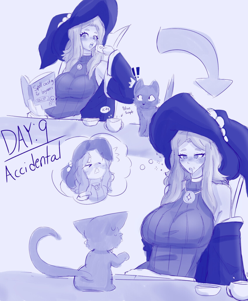 a_singular_fish accidental_hypnosis before_and_after blush book cat chair dazed drool emblem expressionless female_only femsub food grey_background hypnotic_food hypnovember long_hair magic necklace open_mouth original potion simple_background sitting sweater tail thought_bubble time_stop witch witch_hat