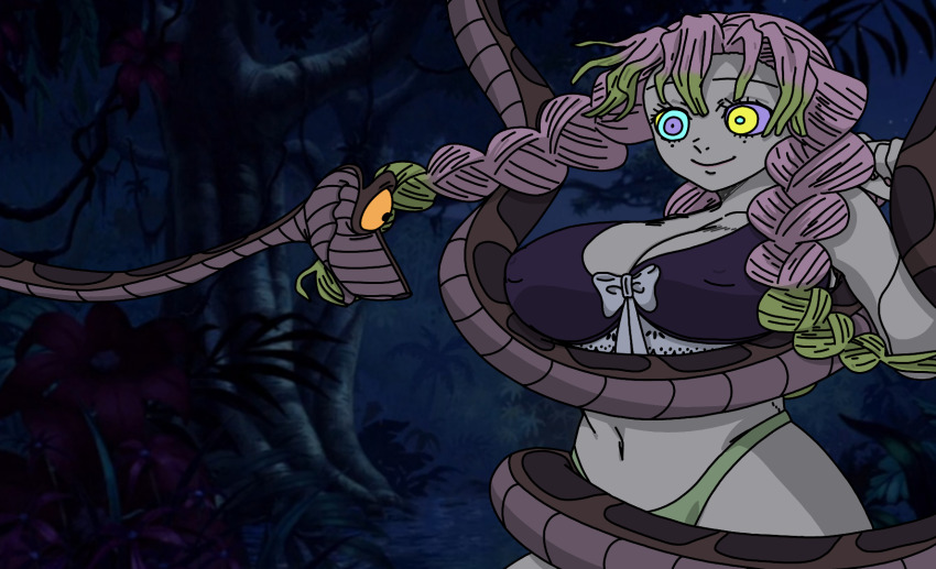bikini bra breasts coils curvy demon_slayer disney femsub green_hair happy_trance jungle kaa kaa_eyes kanoebael love mitsuri_kanroji navel pink_hair ring_eyes snake spiral_eyes the_jungle_book underwear