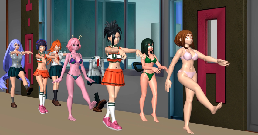 3d bobboxbody breasts cheerleader empty_eyes femsub horns itsuka_kendo kyoka_jiro large_breasts mina_ashido momo_yaoyorozu my_hero_academia nejire_hado ochaco_uraraka pink_skin school_uniform swimsuit toru_hagakure tsuyu_asui zombie_walk