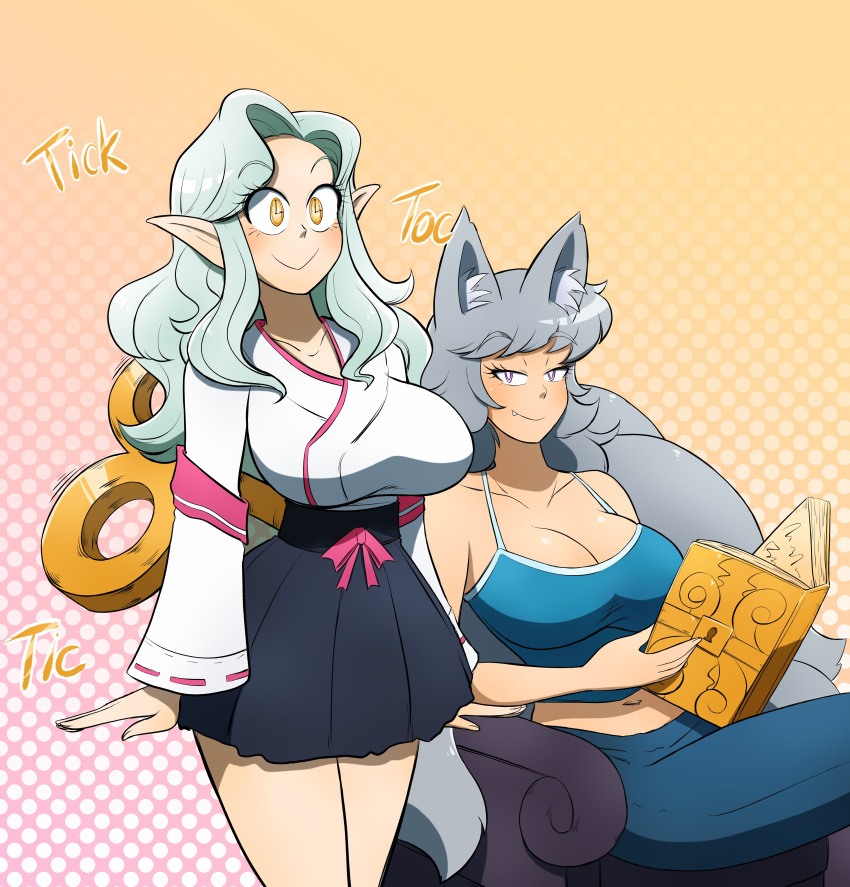 blush book breasts chair clothed dazed dress elf elf_ears female_only femdom femsub fox_ears fox_girl fox_tail grey_hair happy_trance kobi94 large_breasts long_hair multiple_girls original pants purple_eyes shirt sitting smile standing standing_at_attention symbol_in_eyes text thighhighs tick-tock_saying transformation white_hair wind-up_key yellow_eyes