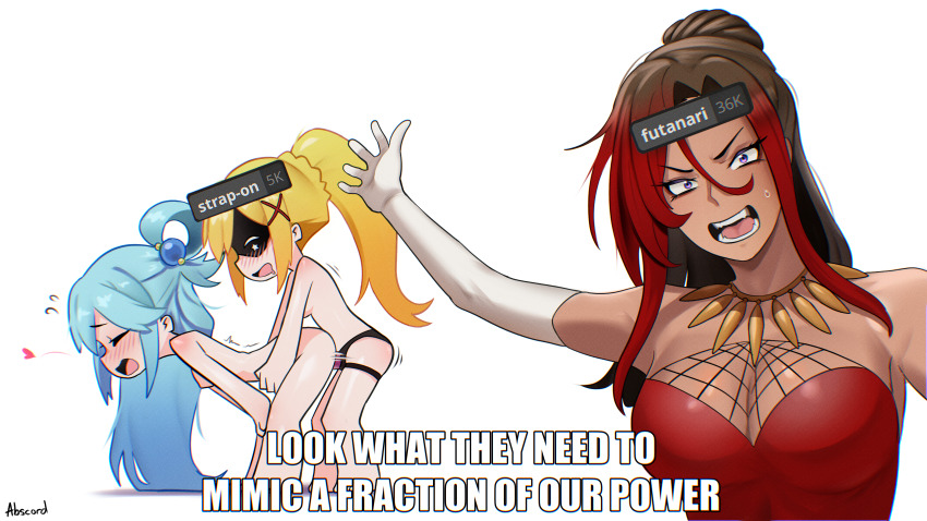 abscord androgynous_dom aqua_(konosuba) blonde_hair blue_hair blush brown_hair cleavage closed_eyes clothed darkness_(konosuba) demon dialogue dress drool english_text femsub gloves goddess heart hypnotic_mask hypnotized_dom kono_subarashii_sekai_ni_shukufuku_wo! large_breasts leaning_forward living_costume looking_at_viewer mask meme mind_break open_mouth opera_gloves ponytail possession red_hair sex simple_background standing strap-on sub_on_sub sweat sylvia_(konosuba) symbol text vanir_(konosuba) very_long_hair white_background yuri