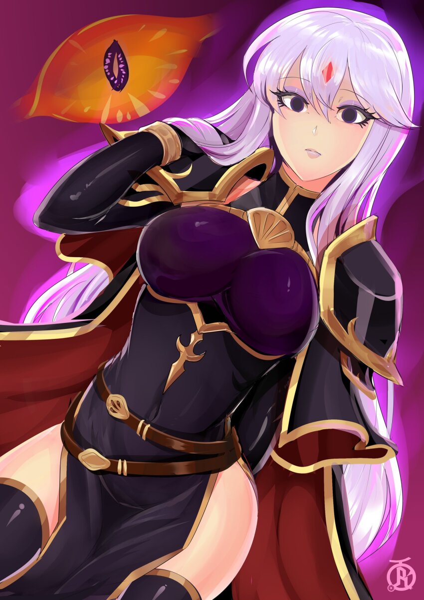 alternate_costume aura black_eyes breasts cape corruption expressionless eye_color_change eyeshadow facial_markings femsub fire_emblem fire_emblem_genealogy_of_the_holy_war glowing glowing_eyes julia_(fire_emblem) large_breasts lipstick looking_at_viewer loptous_(fire_emblem) makeup maledom nintendo possession purple_hair purple_lipstick revolverwing slit_pupils thighhighs thighs very_long_hair