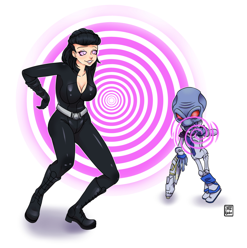 alien belt black_hair blue_skin bodysuit boots chicken_pose cleavage collarbone cryptosporidium destroy_all_humans femsub glowing_eyes gun happy_trance heavy_eyelids light_skin long_hair maledom nude pink_eyes red_eyes ring_background signature silhouette simple_background spiral spiral_eyes sweetlittleneko telepathy weapon white_background