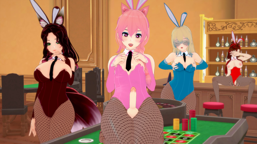 3d blake_(blakiee) blonde_hair blue_eyes blue_hair bottle brown_hair bunny_boy bunny_ears bunny_girl bunnysuit cat_boy cat_ears clothed_exposure femboy femdom fox_ears fox_girl fox_tail green_eyes heart_eyes hypnovember jamie_(blakiee) kitsune_girl koikatsu! liz_(blakiee) malesub milena multiple_girls multiple_tails pink_hair tech_control topless