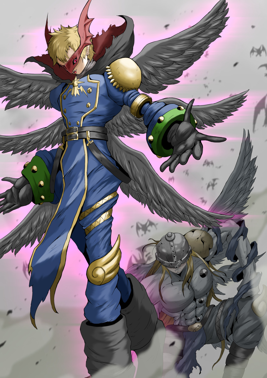 abs alternate_costume angemon aura blonde_hair corruption defeated digimon evil_smile floating fusion glowing helmet kneeling long_hair malesub mask myotismon possession red_eyes sawa_d short_hair smile suit takeru_takaishi torn_clothes wings