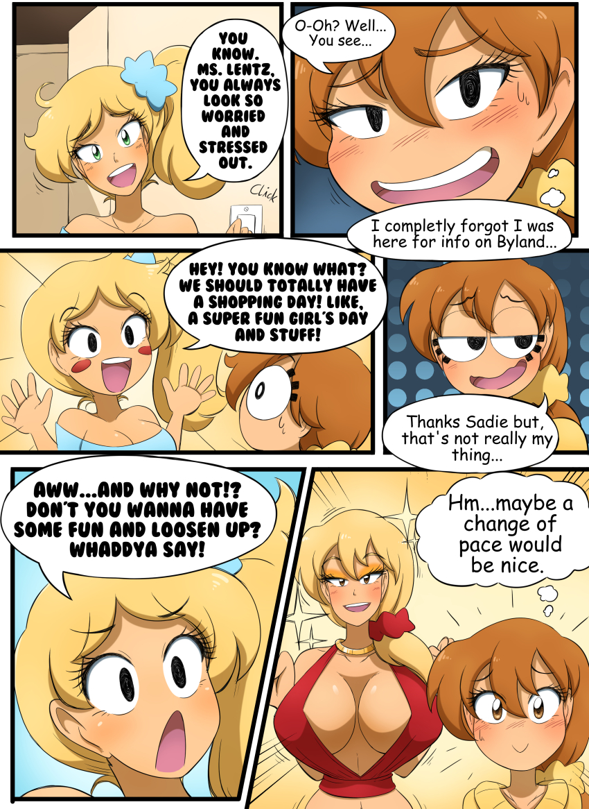 bimbofication blonde_hair breast_expansion breasts comic embarrassed female_only femsub happy_trance kobi94 large_breasts makeup original red_hair teacher text