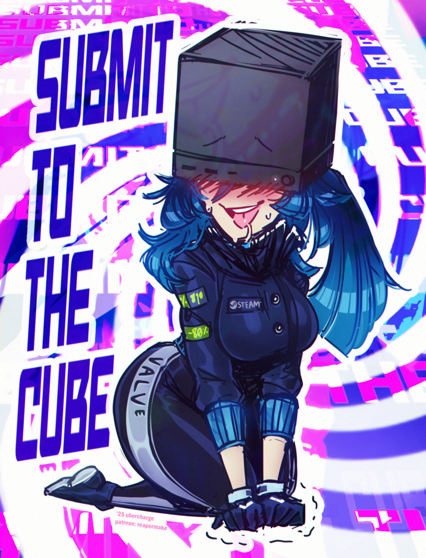 blush cap drool english_text femsub financial_domination gloves hypnotic_accessory long_hair open_mouth spiral spiral_background steam_machine sweat tech_control text ubercharge valve
