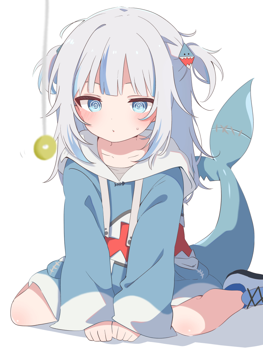 collarbone femsub gawr_gura hololive hololive_english hoodie kneeling loli pendulum shark_girl shironeko_(ryu160303) spiral_eyes symbol_in_eyes tail twintails white_background