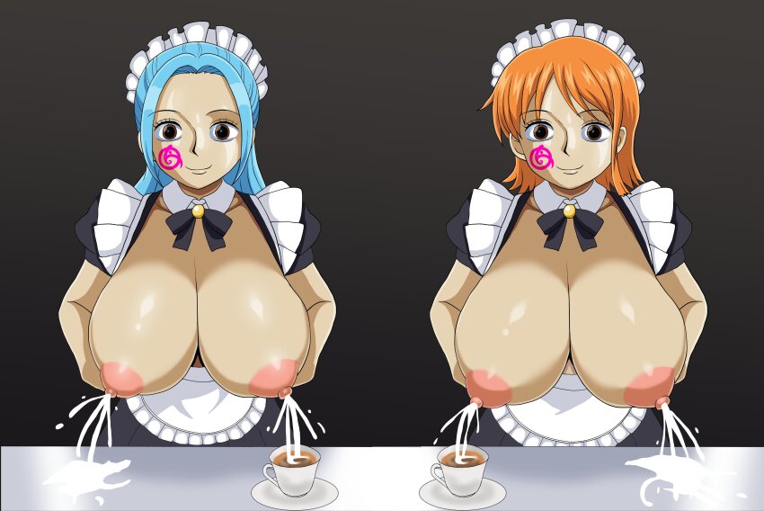 apron blue_hair breasts brown_eyes cleavage control_indicator empty_eyes erect_nipples femsub huge_breasts lactation large_breasts looking_at_viewer maid maid_headdress milf milking multiple_girls multiple_subs nami_(one_piece) nefertari_vivi one_piece open_clothes orange_hair simple_background smile su_retro_space tattoo