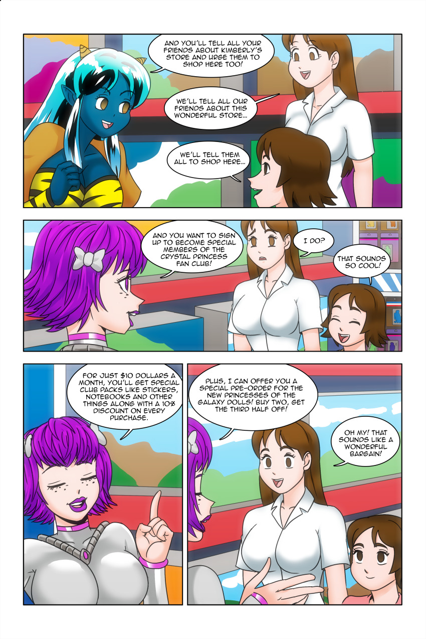 absurdres alien_girl border bow breasts brown_eyes brown_hair cleavage closed_eyes comic dialogue empty_eyes english_text eyebrows_visible_through_hair female_only femdom femsub freckles green_hair happy_trance kimberly_smith_(daveyboysmith9) large_breasts loli long_hair lum makeup mother_and_daughter multicolored_hair oni_girl original purple_eyes purple_hair purple_lipstick short_hair smile speech_bubble text urusei_yatsura wadevezecha