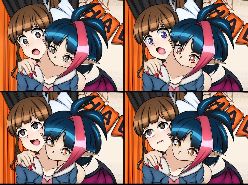 blood brown_hair color female_only femdom femsub hypnotic_eyes millaarc_cranstoun multicolored_eyes orange_eyes purple_eyes senki_zesshou_symphogear tagme vampire winglet