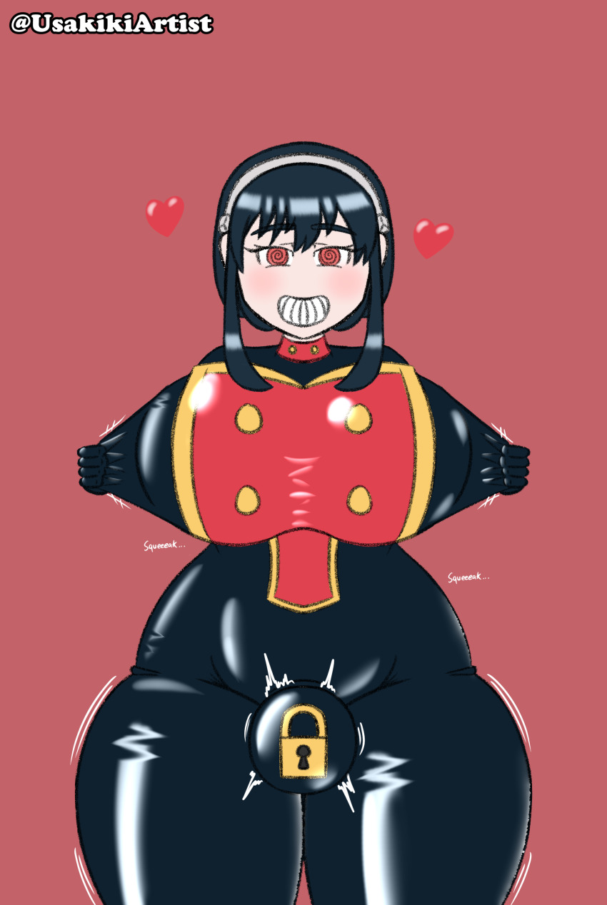 ass black_hair bodysuit breasts bulge female_only femsub futa_only futanari futasub hairband happy_trance heart huge_breasts latex meat_corp null_bulge rubber short_hair smile spiral_eyes spy_x_family standing symbol_in_eyes thick_thighs uniform usakiki yor_briar