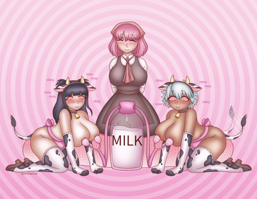 apron black_hair collar cow_girl cow_print cowbell female_only femdom femsub gloves grey_hair happy_trance headband komi_(yumiiart) milking milking_machine multiple_girls multiple_subs naga_girl naked_apron opera_gloves original red_hair spiral_background spiral_eyes spiralwash_eyes tail tan_skin text thighhighs transformation white_skin yumi_(yumiiart) yumiiart