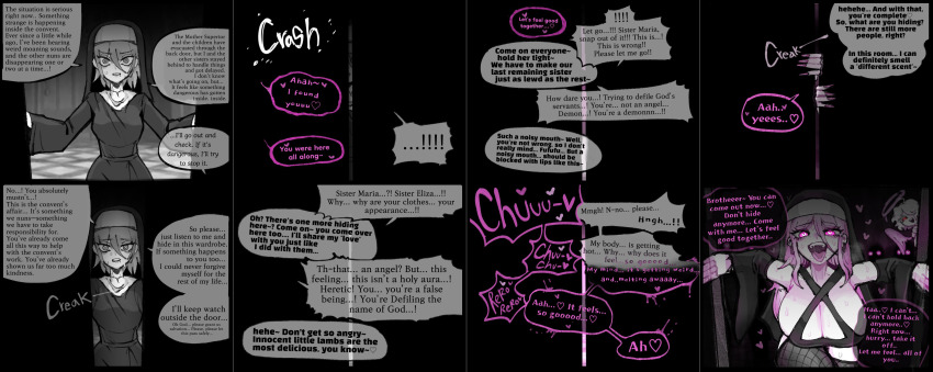 absurdres assimilation bimbofication black_sclera breast_expansion breasts cleavage clothed corruption demon devil_of_kiss_(omeok911) dialogue drool enemy_conversion english_text eye_color_change femsub fishnets hair_color_change halo heart heart_eyes hypnotic_kiss kissing large_breasts long_nails looking_at_viewer mole multiple_girls multiple_subs nun omeok911 original red_eyes speech_bubble sweat symbol_in_eyes text tongue tongue_out transformation veil wings