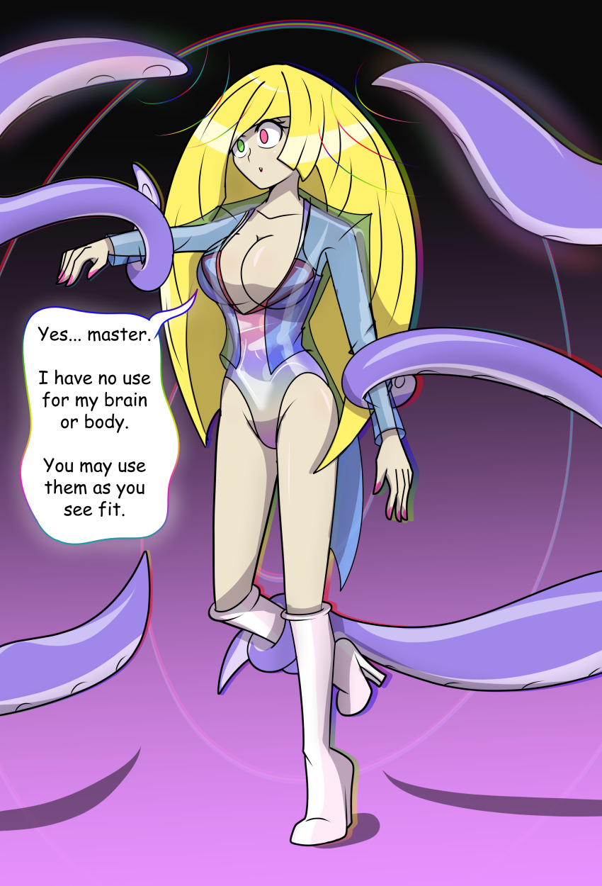 blonde_hair dialogue empty_eyes femsub hy2300 long_hair lusamine malamar malamar_outfit nintendo pokemon text