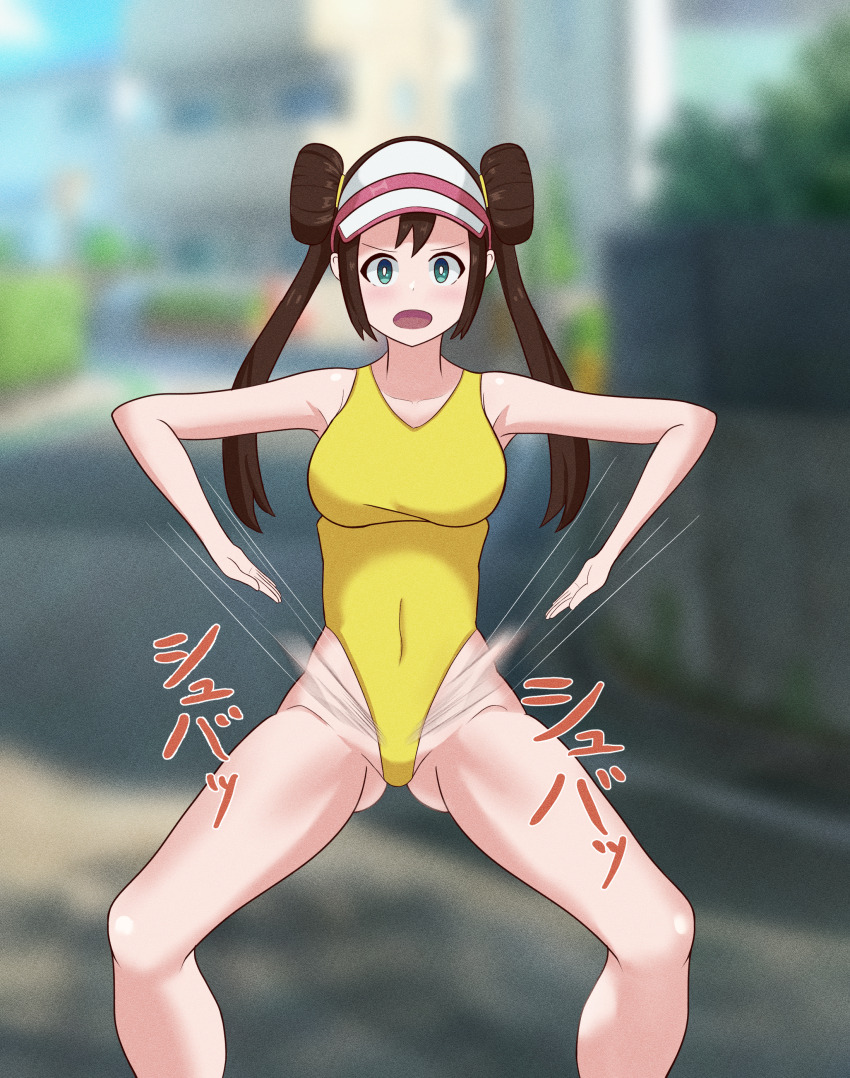 bare_legs bare_shoulders blue_eyes blush brown_hair collarbone female_only femsub haigure hair_buns hat japanese_text large_breasts leotard long_hair nintendo one-piece_swimsuit open_mouth pokemon pokemon_black_and_white_2 rosa_(pokemon) salt-bin-bin solo text thighs twintails