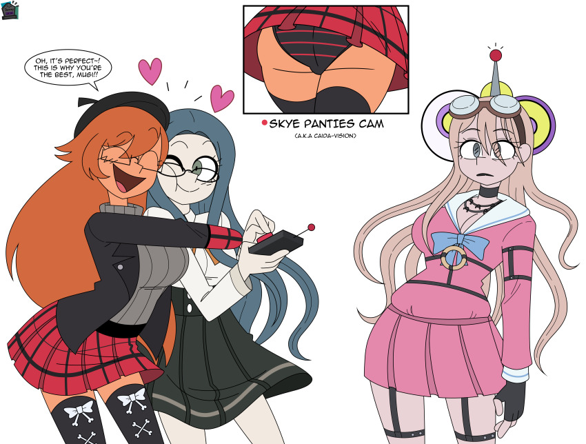 absurdres antenna ass ass_focus breasts closed_eyes clothed dangan_ronpa dangan_ronpa_v3 dez_a_sketch dezzy dialogue dress english_text expressionless female_only femdom femsub fingerless_gloves glasses gloves goggles goggles_on_head heart hug large_breasts miu_iruma one_eye_open orange_hair original panties remote_control simple_background skirt skye_(skyezscience) smile speech_bubble symbol tech_control text tsumugi_shirogane very_long_hair white_background yuri