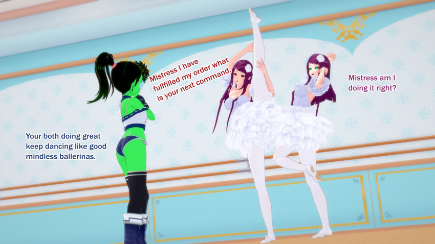 3d ballerina bangs black_hair boots brown_eyes dancing english_text female_only femdom femsub gloves glowing_eyes green_eyes grey_skin hair_ornament hypnovember long_hair multiple_girls multiple_subs open_mouth ponytail shorts smile sonrio12 standing standing_split text theresa_(sonrio) tights tube_top tutu