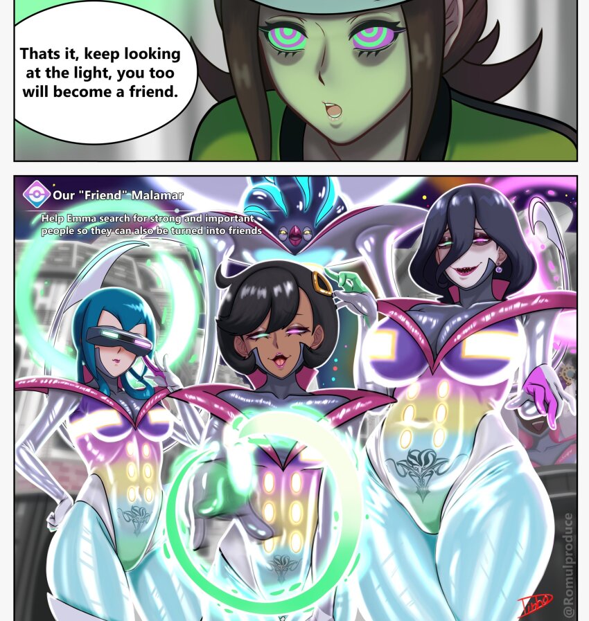 black_hair blue_hair bodysuit breasts crotch_tattoo dark_skin dazed emma_(pokemon) english_text eye_color_change femsub glowing_eyes green_eyes harmony heterochromia hex_maniac hypnotic_light large_breasts leotard lipstick mable_(pokemon) malamar malamar_outfit mega_malamar milf multiple_girls multiple_subs nintendo open_mouth pink_eyes pokemon pokemon_(creature) pokemon_legends_z-a ring_eyes romulproduce smile speech_bubble tattoo text thick_thighs thighs wide_hips