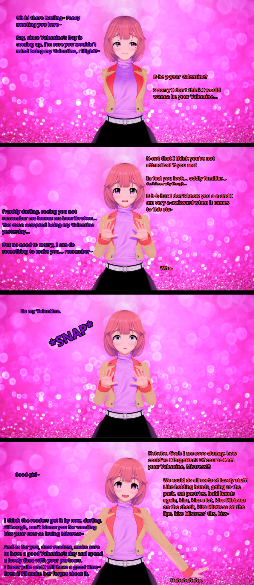 3d absurdres amnesia belt blush clothed dialogue embarrassed english_text female_only female_pov femdom femsub finger_snap jacket julie_(liz_b) koikatsu! liz_b looking_at_viewer love memory_alteration mole multiple_girls pink_background pink_hair pov pov_dom purple_eyes sequence short_hair shrunken_irises skirt text trigger valentine&#039;s_day wholesome yuri