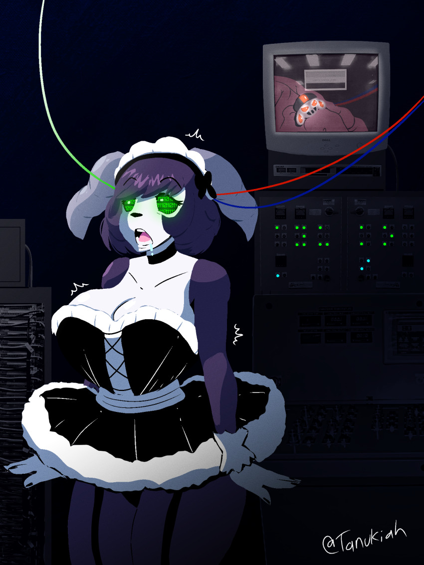 ayuko_(jcroth) bare_shoulders binary_eyes bow brain choker collarbone drool female_only femsub furry garter_straps glowing_eyes horns huge_breasts indeedee maid maid_headdress microchip nintendo open_mouth original panties pokemon pokemon_(creature) purple_hair purple_skin short_hair solo surprised tanukiah tech_control thick_thighs tongue tv white_skin wires