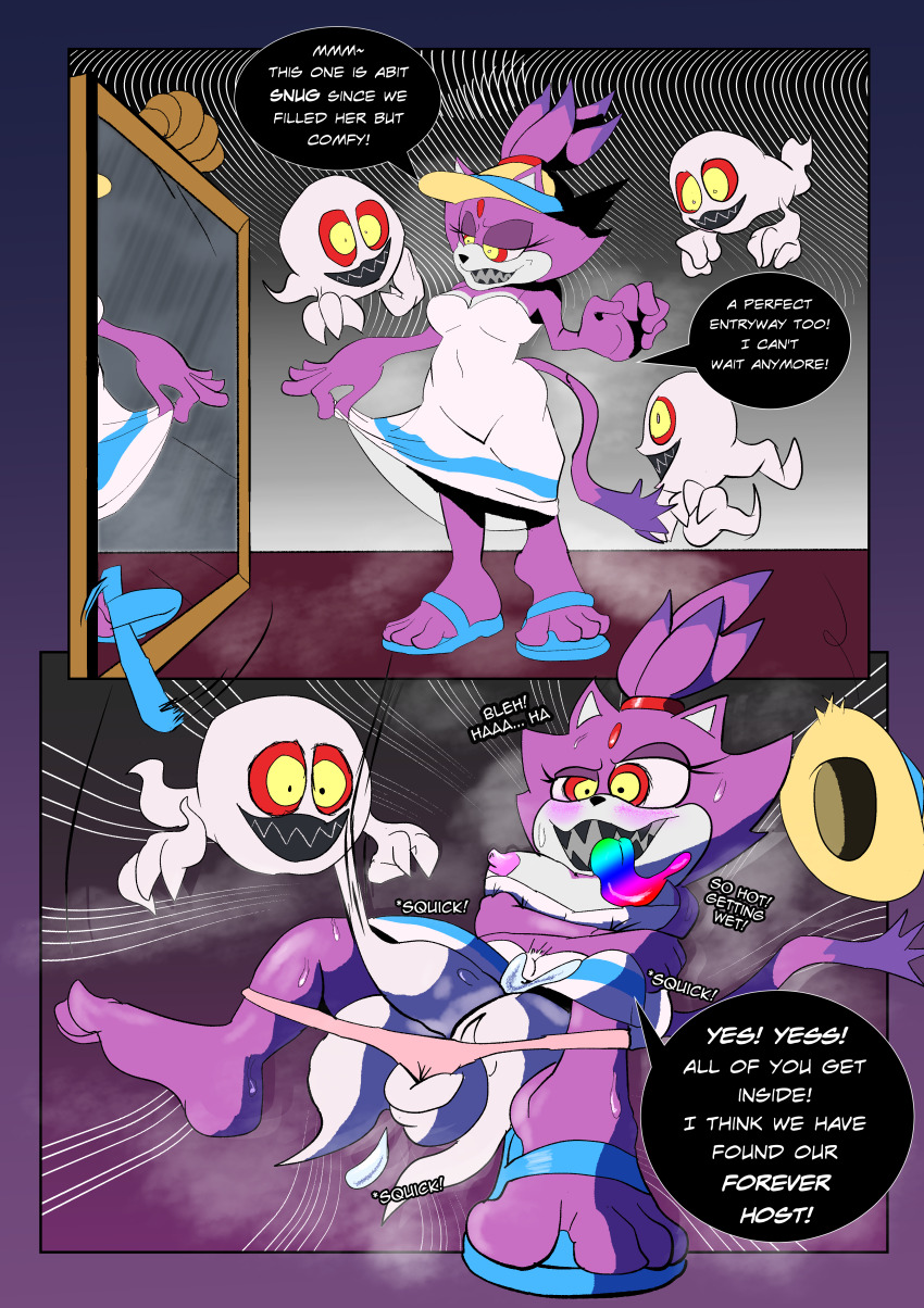 absurdres alternate_costume bare_legs bare_shoulders barefoot blaze_the_cat blush boo_(sonic) breasts breasts_outside cat_ears cat_girl cat_tail comic costume crossed_arms danhabikitiki dialogue dress dress_lift english_text facial_markings feet femsub floating foot_focus furry ghost happy_trance hat large_breasts legs mirror multicolored_eyes multiple_possessors nipples open_mouth panties ponytail possession princess purple_hair red_eyes reflection royalty sandals sharp_teeth smile sonic_the_hedgehog_(series) speech_bubble sweat tail text tongue tongue_out vaginal yellow_eyes