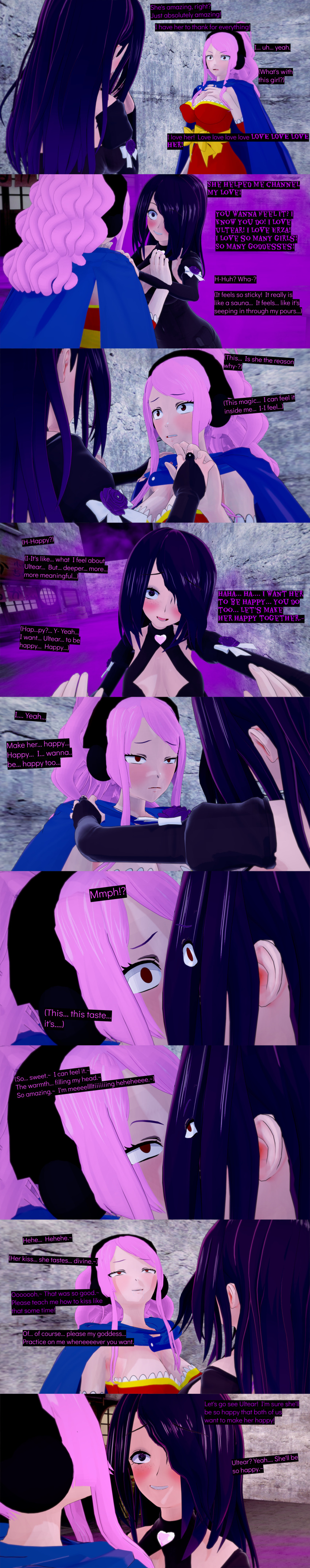 absurdres black_eyes black_hair clothed cyanstargazer dialogue english_text fairy_tail female_only femdom femsub freckles kissing long_hair meredy_(fairy_tail) multiple_girls pink_hair red_eyes text yuri