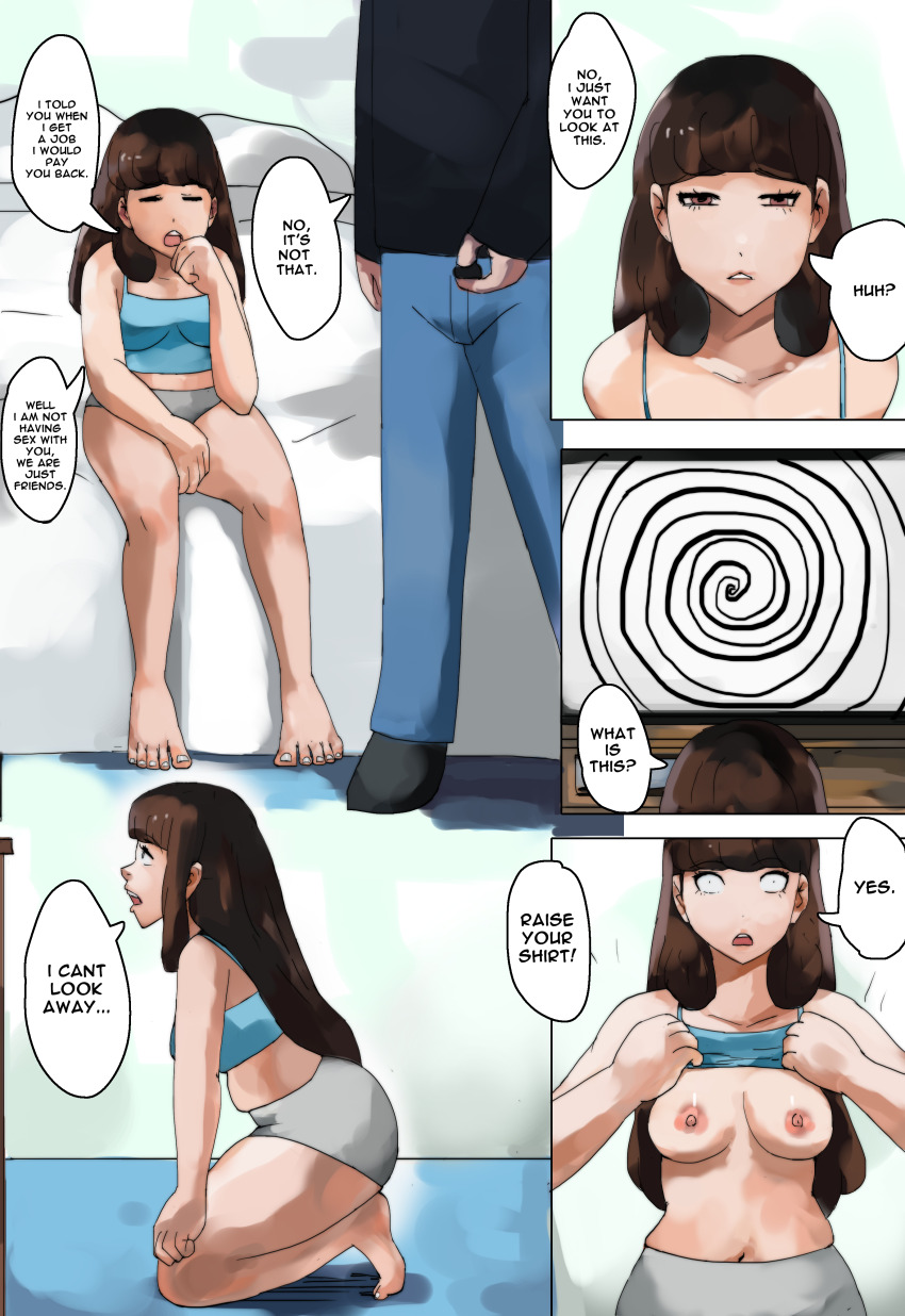 breasts brown_eyes brown_hair comic femsub nipples onefeefoor shorts shrunken_irises spiral tagme tank_top tech_control text tv undressing undressing_command