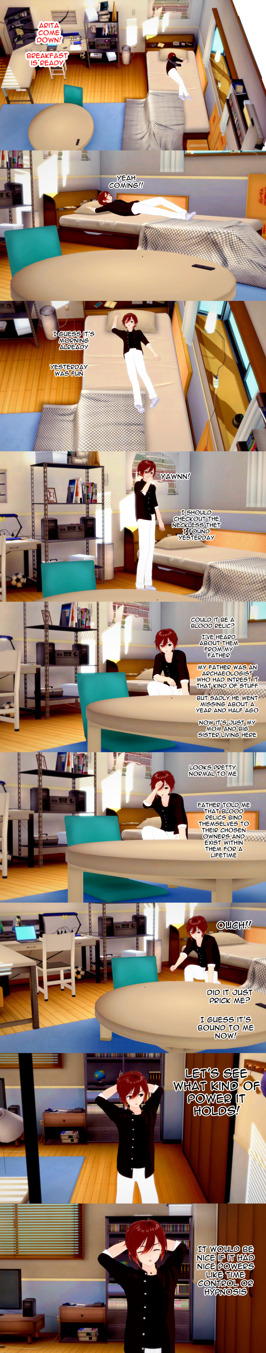 absurdres aware bed bedroom closed_eyes clothed dazed_demon dialogue english_text male_only original red_eyes red_hair short_hair text