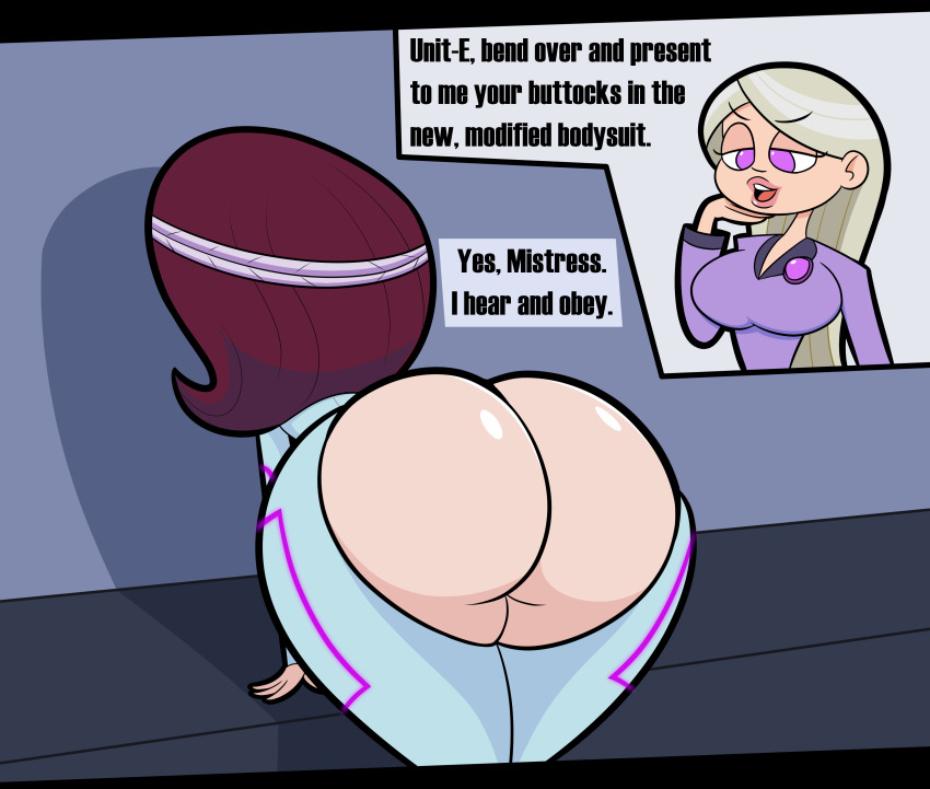 apopop ass bent_over clothed_exposure dan_vs. dialogue elise femdom femsub headband huge_ass presenting red_hair tech_control text