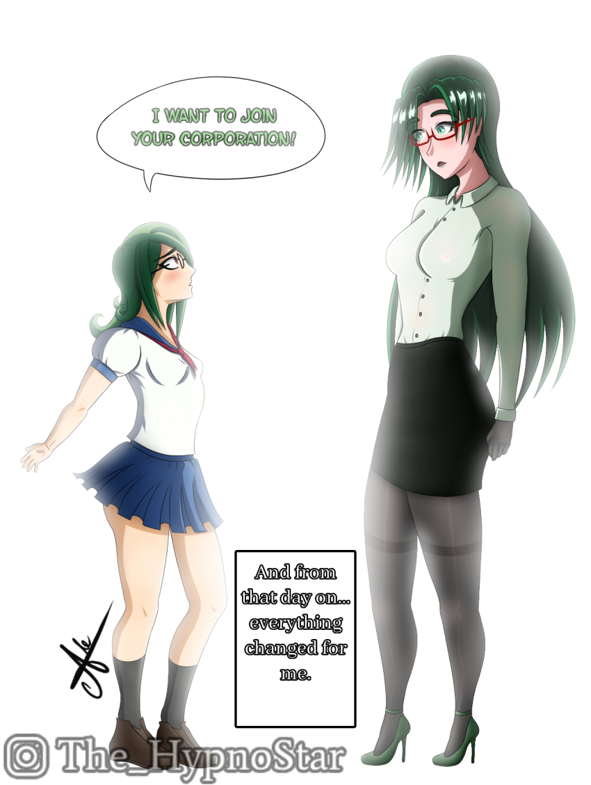 comic dialogue emily_woods_(starlink) femdom femsub glasses glowing green_eyes green_hair mrs._mia_(starlink) open_mouth original red_eyes school_uniform starlink surprised text thighhighs