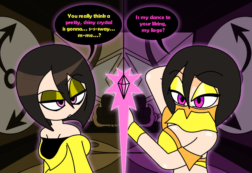 aged_up altered_common_sense alternate_costume androgynous_dom arms_above_head aura bare_shoulders before_and_after bracelet brown_hair crystal dancer dancing empty_eyes english_text eyebrows_visible_through_hair eyeshadow femsub harem_outfit hood hypnoscream large_breasts little_nightmares looking_back pink_eyes pov_dom shiny_hair shiny_skin short_hair sideboob simple_background six solo speech_bubble veil